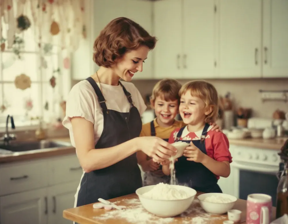 A parent and two children baking together at a kitchen counter