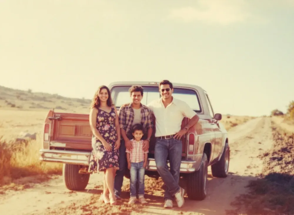 A family standing together at the tailgate of a pickup on a dirt road