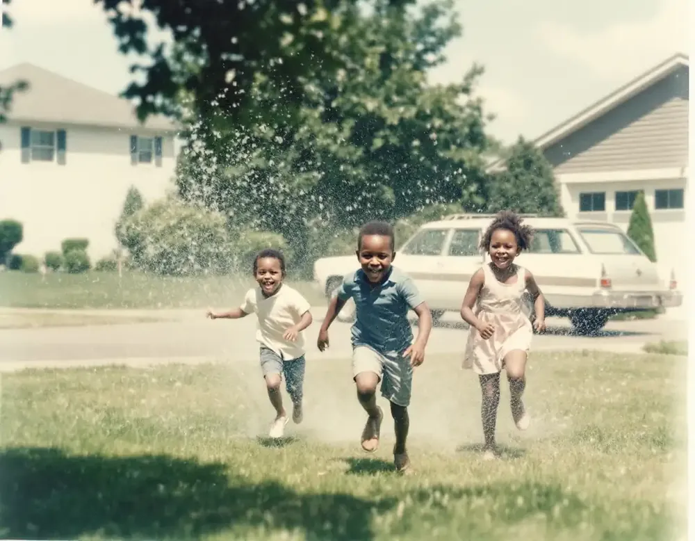 Three children running through a garden sprinkler on a summer afternoon