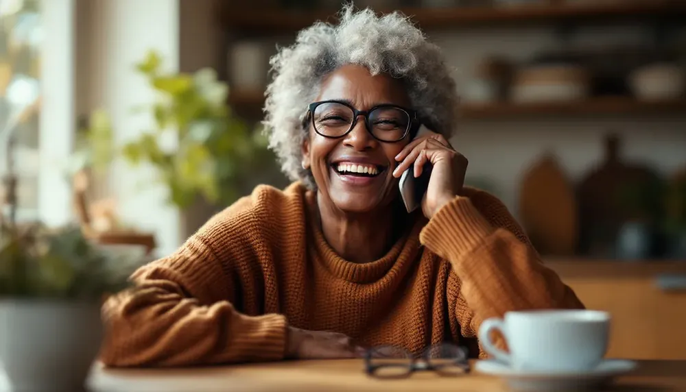 A storyteller laughing mid-conversation, phone to her ear at a kitchen table