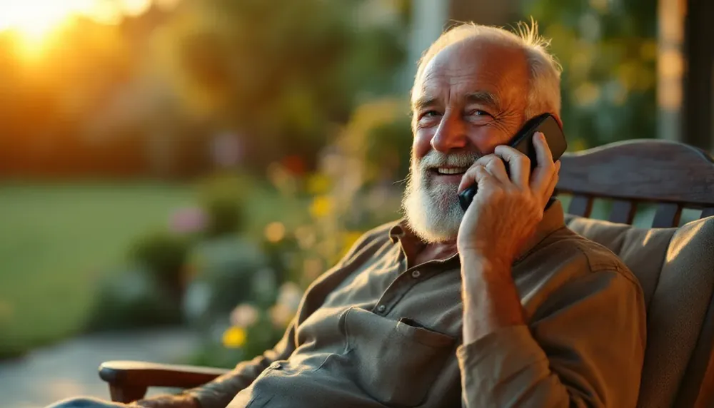 A storyteller on the phone in a porch chair, late afternoon