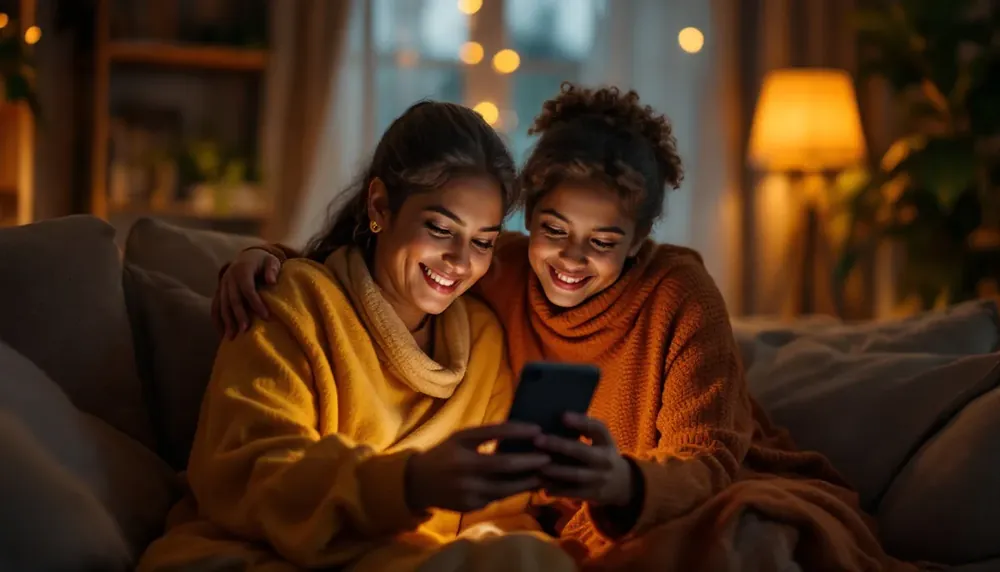 Two people on a sofa watching a story together on a phone