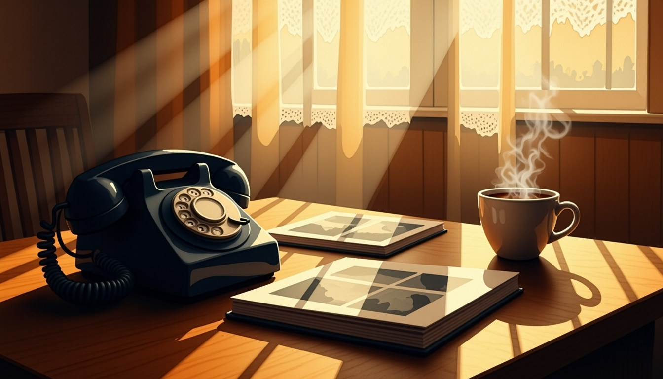 Watercolor painting of a vintage telephone on a kitchen table in warm afternoon light, beside a cup of coffee and a closed photo album, sunlight coming through lace curtains
