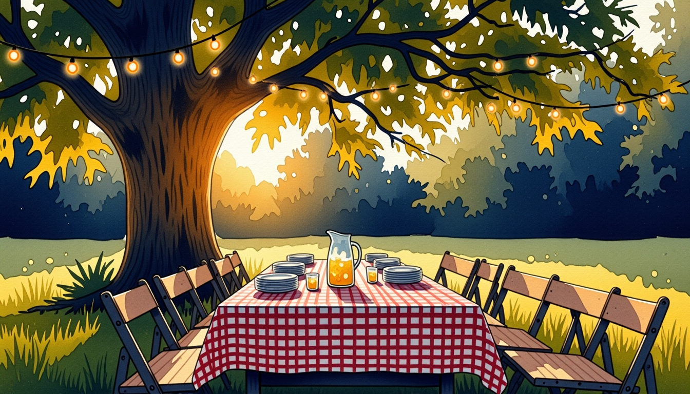Watercolor painting of a long picnic table with a checkered tablecloth under a large oak tree, set with mismatched folding chairs and a pitcher of lemonade