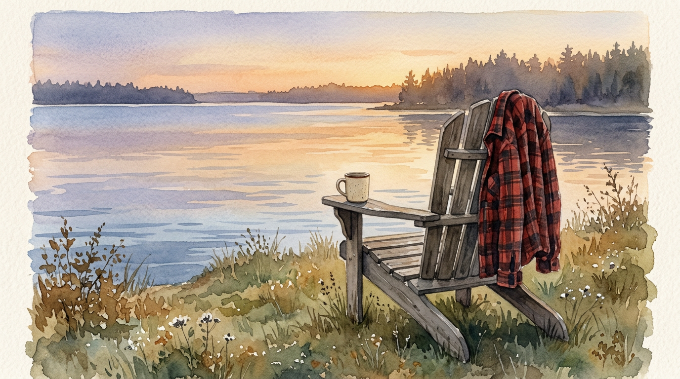 Watercolor painting of an empty Adirondack chair on a grassy bluff overlooking a calm lake at dusk, with a plaid flannel jacket draped over the back and a coffee mug on the armrest