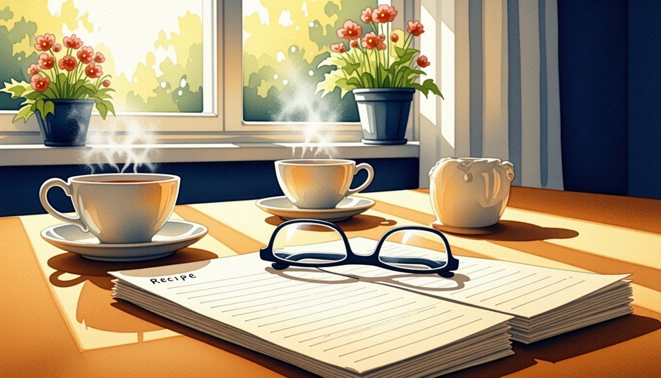 Watercolor painting of a kitchen table by a sunlit window with a stack of handwritten recipe cards, reading glasses, and two cups of tea