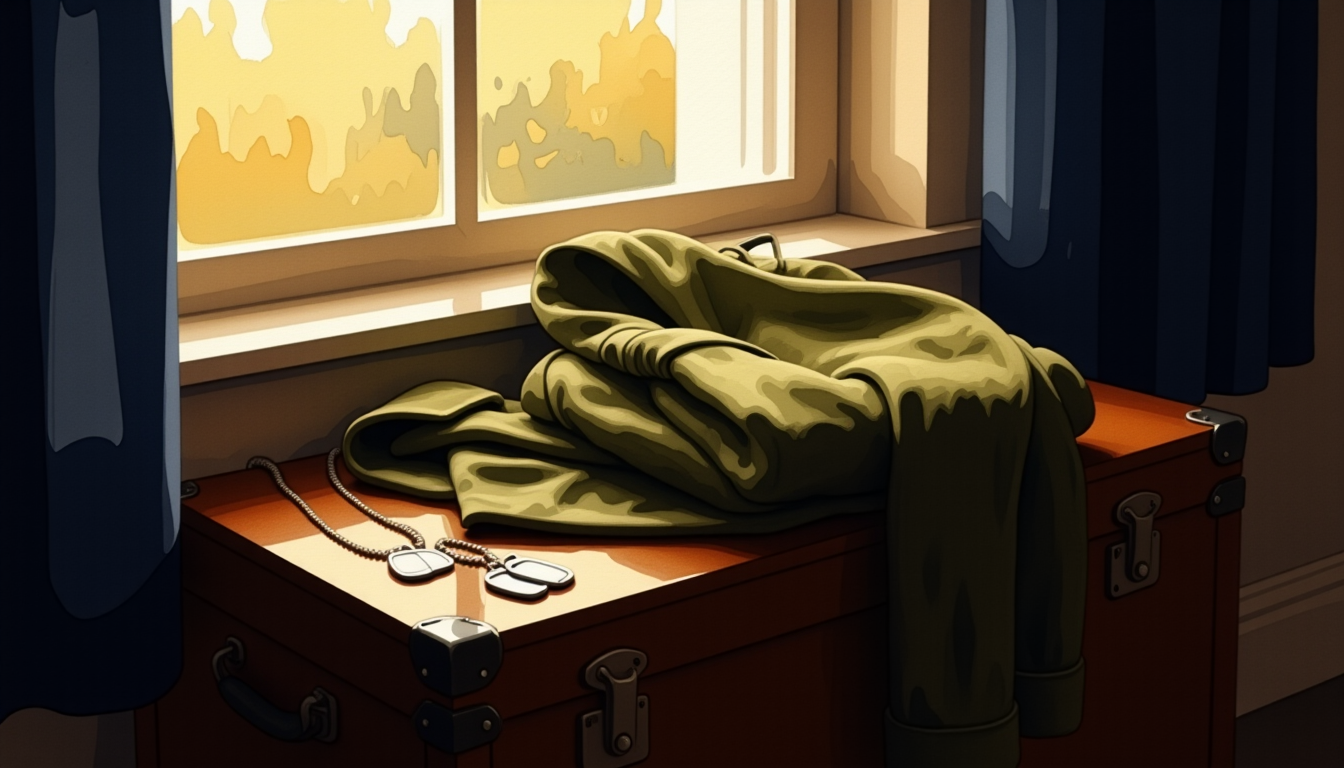 Watercolor painting of a folded olive-drab field jacket and dog tags resting on a wooden footlocker beside a window with warm morning light