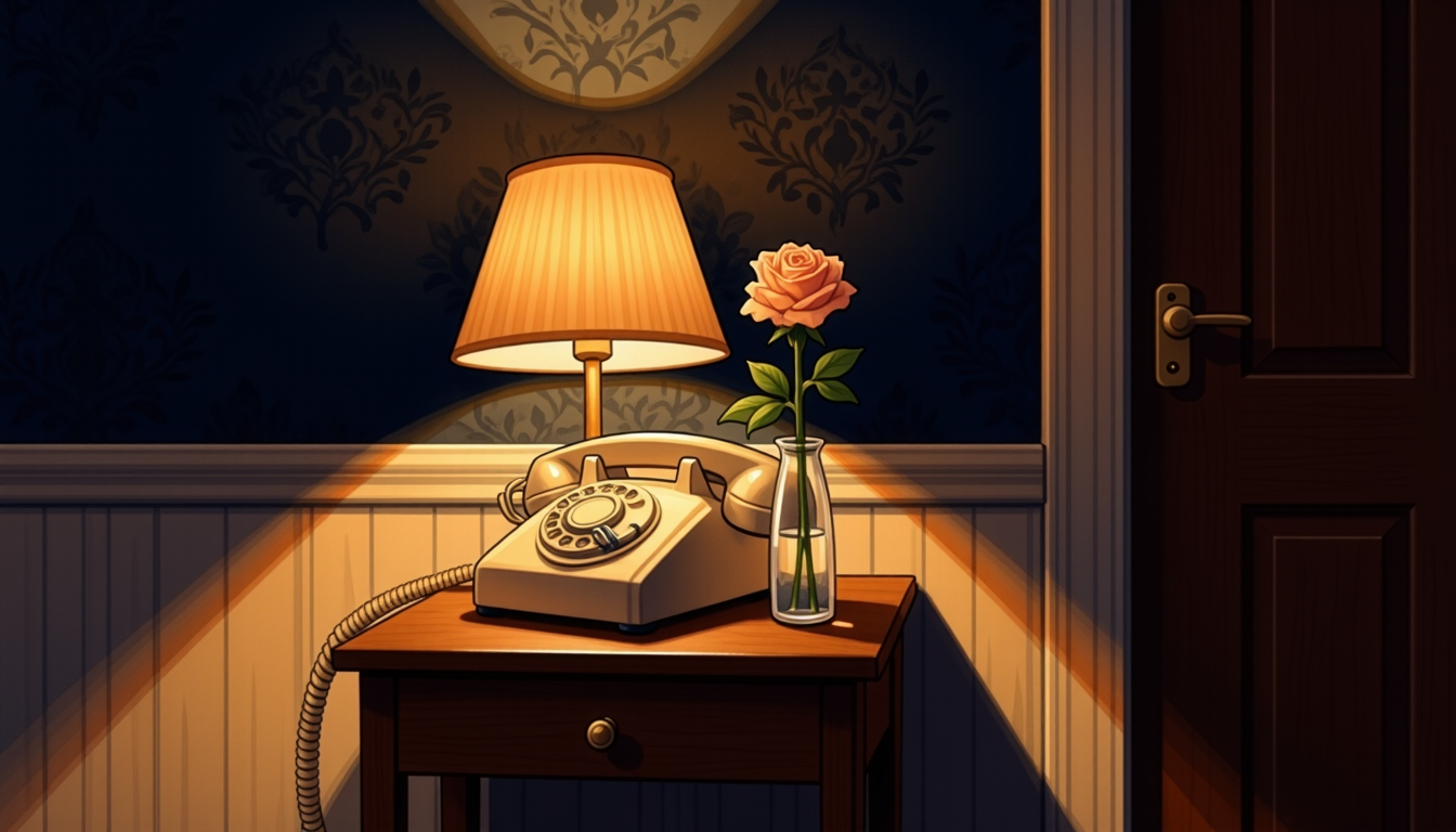 Watercolor painting of a cream rotary telephone on a small wooden hallway table beside a vase holding a single rose, warm lamplight against deep navy wallpaper