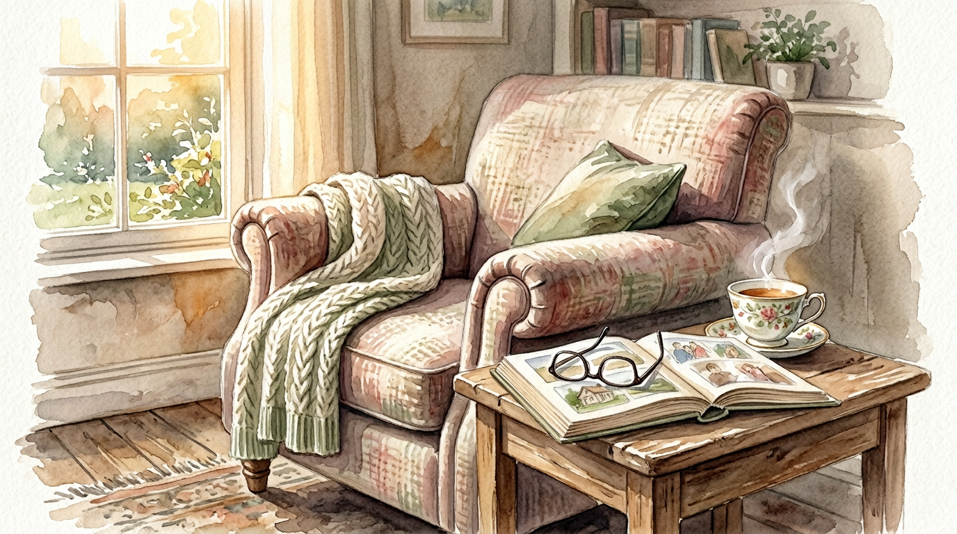 Watercolor painting of a comfortable upholstered armchair beside a side table holding an open photo album, reading glasses, and a teacup